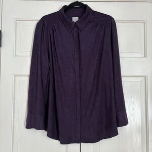 Chico's Size 3 Deep Purple Faux Suede Hidden Button Down Shirt Chicos Size XL